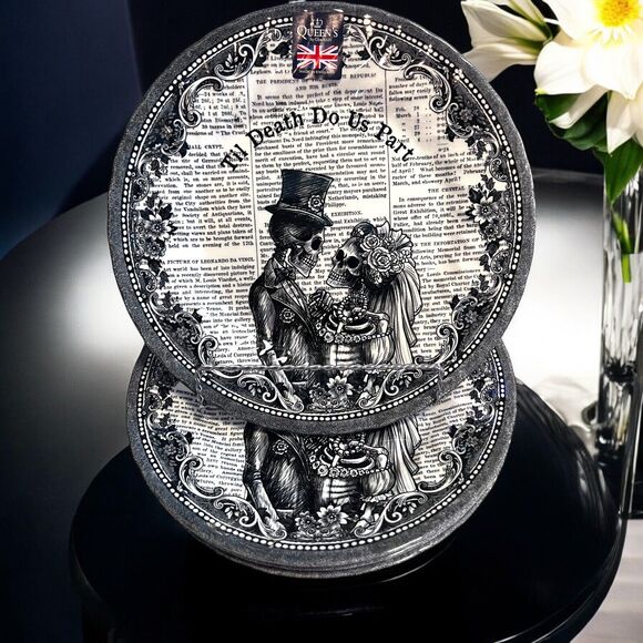 Queen’s “Til Death Do Us Part” Ceramic Skeleton Couple Dinner Plates (4) NEW - Picture 1 of 4